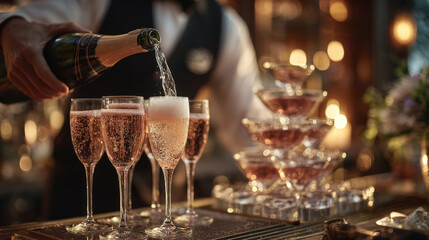 Bartender pouring champagne into a tall glass tower at a luxury nightlife event