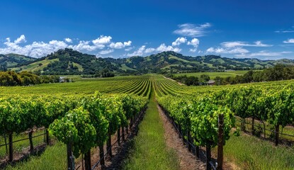 Panoramic vineyard stretching to hills under a vibrant blue sky