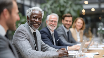 Diverse business team collaborating at conference table with laptops and charts