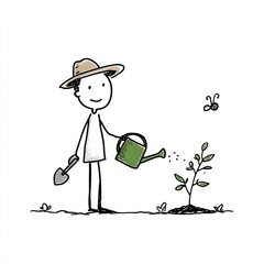 Hand-drawn illustration of a person watering a newly planted sapling in a garden setting