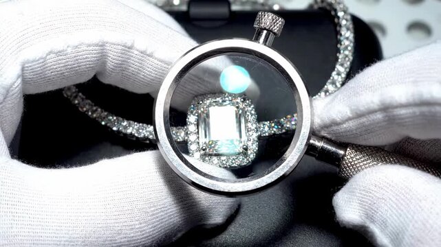 A professional gemologist in white gloves meticulously inspects the clarity and cut of a luxurious diamond engagement ring with a jeweler's loupe