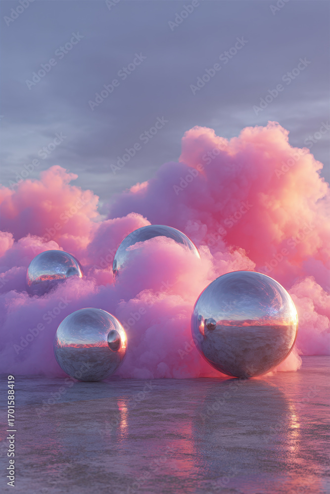 Poster glowing chrome spheres float upward through neon smoke with vertical empty space