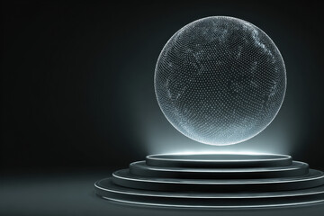 Glowing digital hologram globe levitating above pedestal in dark futuristic setting