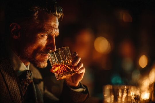 Stylish man in suit enjoying whiskey in a moody luxury bar with cinematic lighting