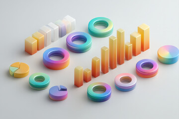 Glossy 3d pie charts with gradient colors on a clean white background