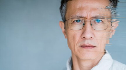 Male figure with glasses displaying an algorithmic portrait effect, showcasing a blend of technology and human identity in a modern context