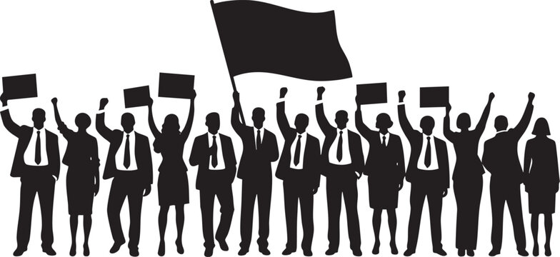 Silhouette of business people protesting, holding signs and a banner. Ideal for concepts of unity, demonstration, or corporate action.