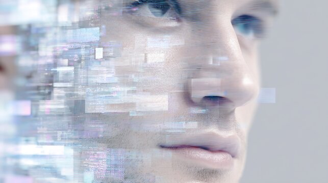 Algorithmic portrait of a young man with digital overlays, showcasing biometric data visualization and coded personality in a futuristic context