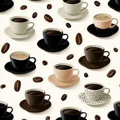 Obraz premium Seamless pattern of minimal coffee cups and beans on white background in flat style