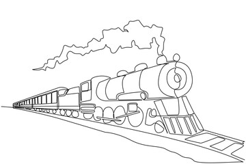 Single continuous line drawing locomotive with its smoke. The result of burning fossil fuels. Classic train passing by. Chimney. Air pollution. National Train Day. One line design vector illustration © Simple Line