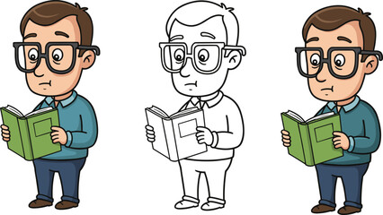 Cartoon man reading book illustration set with colored and outline versions, intellectual character studying, education and learning vector designCartoon man reading book illustration set with 