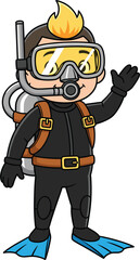 Cartoon scuba diver character in wetsuit with snorkel mask, air tank, fins, and gloves waving hand undersea adventure vector illustrationCartoon scuba diver character in wetsuit with snorkel mask
