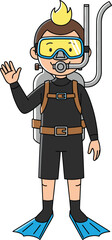 Cartoon scuba diver character in wetsuit with snorkel mask, air tank, flippers, waving hand, underwater exploration vector illustration designCartoon scuba diver character in wetsuit with snorkel mask