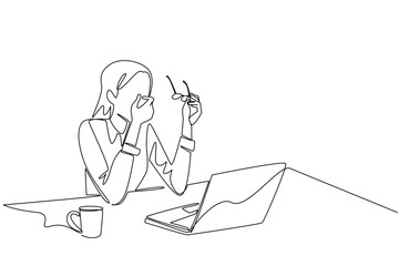 Single one line drawing businesswoman sits while taking off glasses and rubbing eyes. Working overtime takes a lot of energy. Chronic Fatigue Syndrome Day. Continuous line design graphic illustration