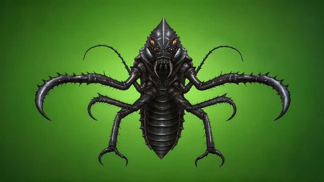 Menacing Spiked Alien Insect Monster with Glowing Eyes Revealed on a Green Screen