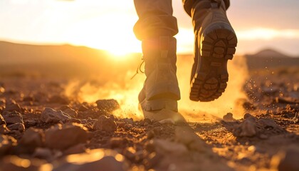 Close-up of hikers boots kicking up dust on a trail at sunset.