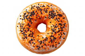 A glazed donut topped with orange, black, and yellow spherical sprinkles.