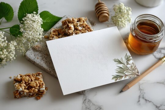 Blank card, granola bars, honey, flowers
