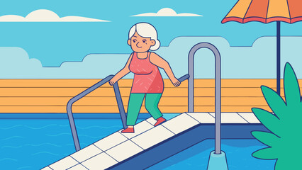Elderly woman cartoon illustration, senior lady swimming pool vector, old woman climbing pool stairs, active lifestyle senior female, cartoon grandmother character, health and wellness vector art, sen © dhruvik