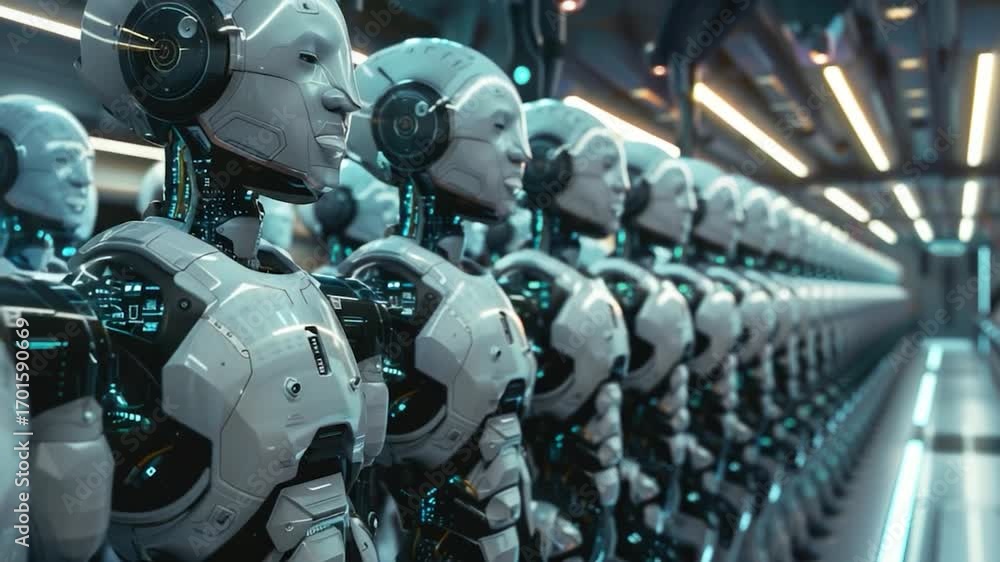 Poster a row of robots standing in a room, ready for action