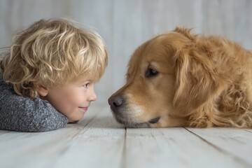 Child and Golden Retriever share warm gaze in cozy indoor setting with wooden floor and soft lighting. Capturing genuine moment of child-dog bond through peaceful interaction.