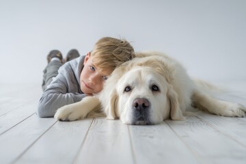 Child and golden retriever bond in cozy indoor setting on wooden floor, capturing gentle relaxed friendship moment
