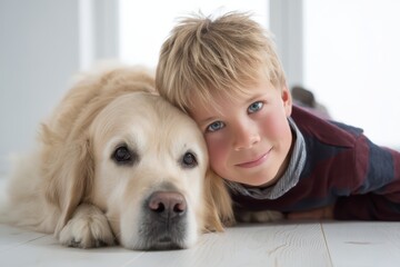 Child and golden retriever bond in cozy indoor setting on wooden floor, capturing gentle relaxed friendship moment
