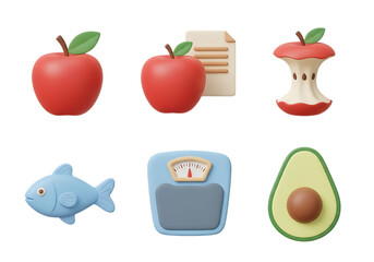 3d icon of set of healthy food icons including apples, fish, and avocado, with a scale and document isolated on transparent background