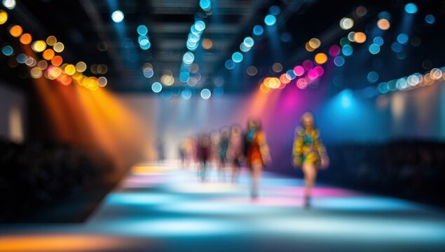 Blurred fashion show stage with colorful lights