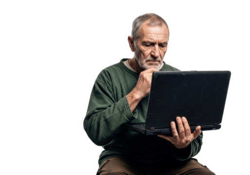 Elderly grizzled man in green tunic holding scuffed military laptop, intensely gazing at screen, against transparent studio background, 100mm macro lens. Concept of enduring wisdom and intellectual