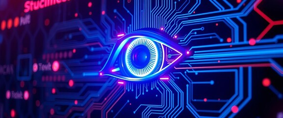 Cybernetic eye circuit board glowing in futuristic dark background,  blue, cybernetic eye