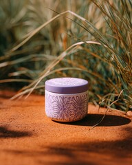 Small, round, ceramic candle holder.  Lilac lid,  floral design.  Outdoor setting