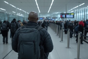 Busy airport with passengers waiting in security check line for boarding