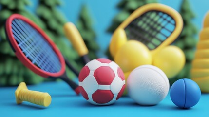 Colorful Sports Equipment and Balls on a Vibrant Blue Background