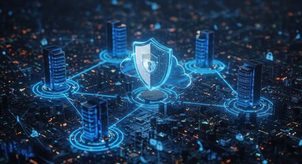 Digital network with shield icon connecting buildings over a city background.