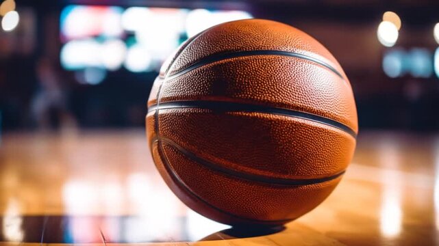 Basketball on court with game day, and closeup.
