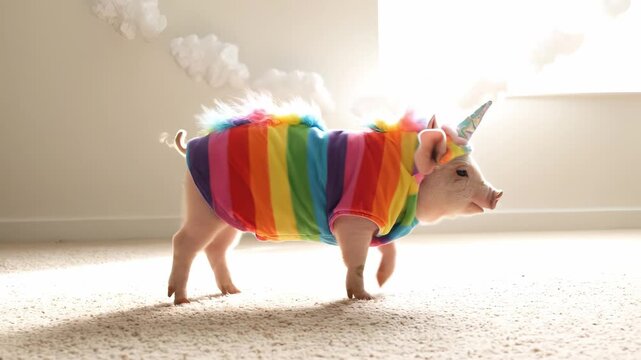 Playful piglet in a colorful rainbow costume prances joyfully across a soft carpeted floor, embodying whimsy and charm in a delightful indoor scene