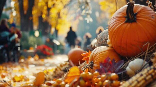 A stack of pumpkins sits atop a pile of autumn leaves, creating a seasonal display