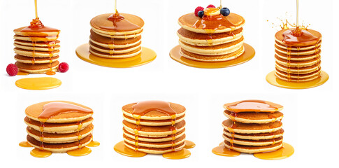 Stack of pancakes with syrup and berries on white background