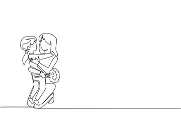 Continuous one line drawing a mother holding a bouquet of flowers sitting on the floor hugged by her daughter. Harmonious family. Happy. Day of Mother. Single line draw design vector illustration