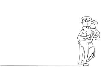 Single continuous line drawing a mother holding a bouquet of flowers sitting on the floor hugged by her son. A very happy family. Happiness. Love. Day of Mother. One line design vector illustration