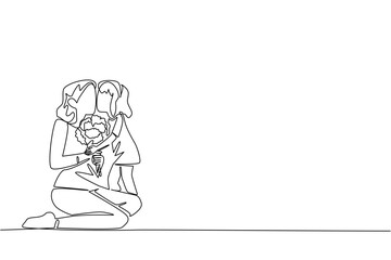 Single one line drawing a mother sitting on the floor and holding a bouquet of flowers with daughter kissing cheek. Celebrating together. Day of Mother. Continuous line design graphic illustration