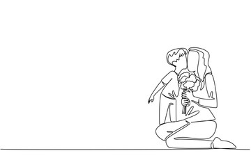 Obraz premium Single continuous line drawing a mother sitting on the floor and holding a bouquet of flowers with her son kissing her cheek. Celebration. Present. Day of Mother. One line design vector illustration