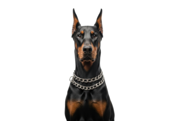 A muscular doberman pinscher dog with black fur, rust markings, and a silver chain collar, sitting attentively on a transparent studio background with copy space, concept of noble protection