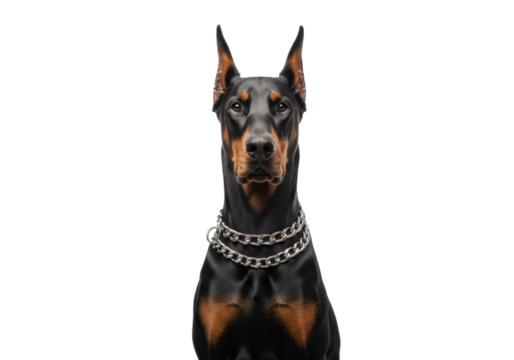 A muscular doberman pinscher dog with black fur, rust markings, and a silver chain collar, sitting attentively on a transparent studio background with copy space, concept of noble protection