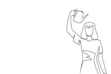 Single continuous line drawing woman watering her head of flowering plants with a watering can. Always think clearly. Symbol. International Day of Plant Health. One line design vector illustration