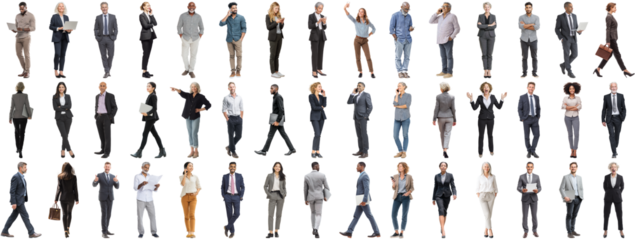 Set of business people in various actions on isolated background. Businesspeople, businesswomen, businessmen office worker in full body length studio professional shot in casual and formal wear