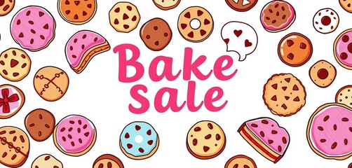 Whimsical hand-drawn cookies of various shapes & styles on a vintage bake sale poster template,  texture,  design