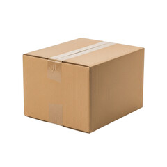 A simple brown cardboard shipping box with tape sealed shut isolated on transparent background