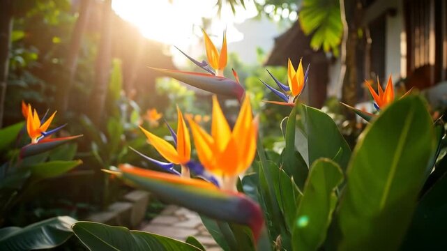 Bird of Paradise flowers in garden.